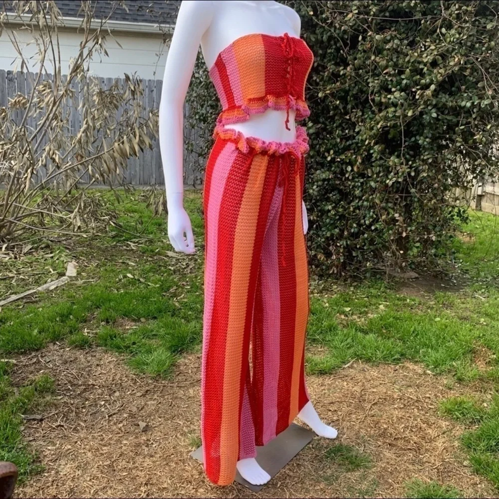 💋NWT Lovers + Friends Boho Crochet Bandeau Wide Leg Cover Up Beach/Pool Pant Set - Picture 8 of 15